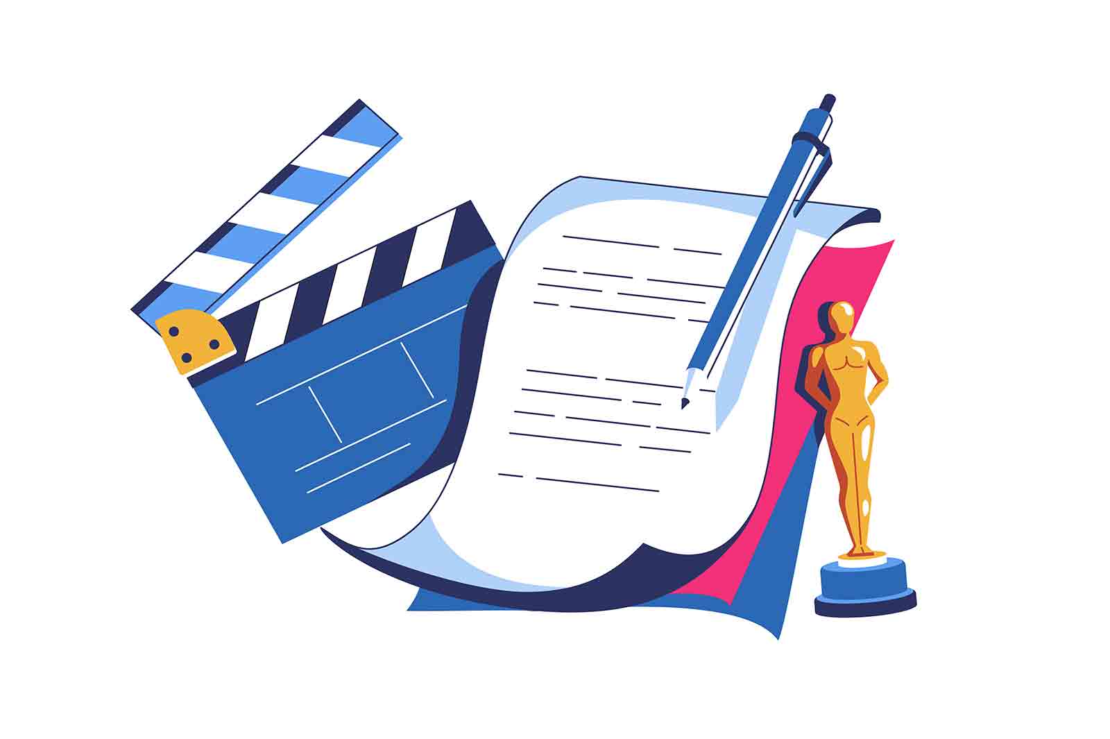 Skript for movie, cinematography or film production vector illustration. Clapperboard, script and oscar statuette flat concept