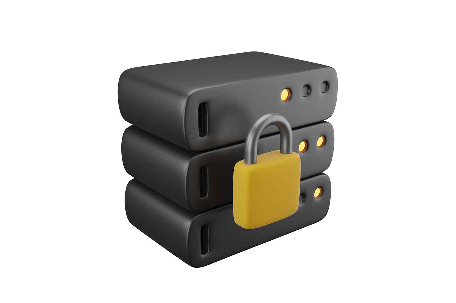 Database server with closed padlock icon, virtual private network 3d rendered illustration. Vpn, internet security, cyberspace protection 3d isometric