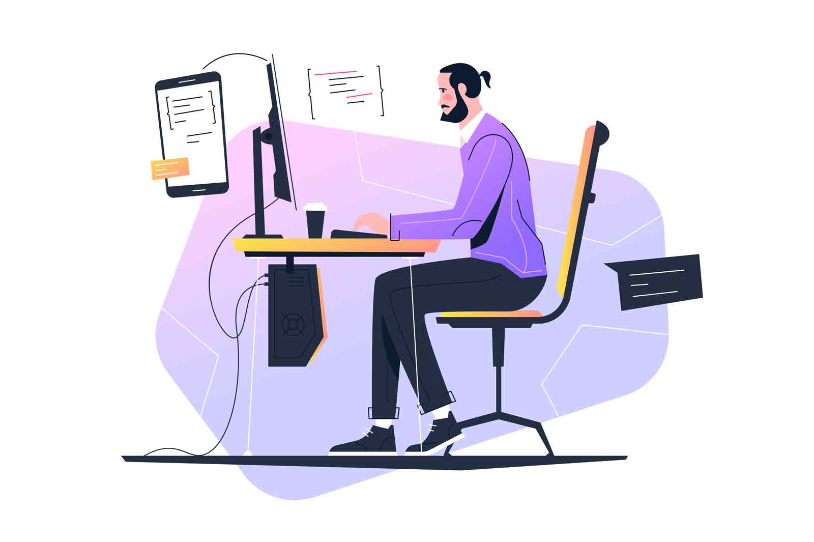 Software developer or computer programmer, web development vector illustration. Professional employee at laptop flat concept
