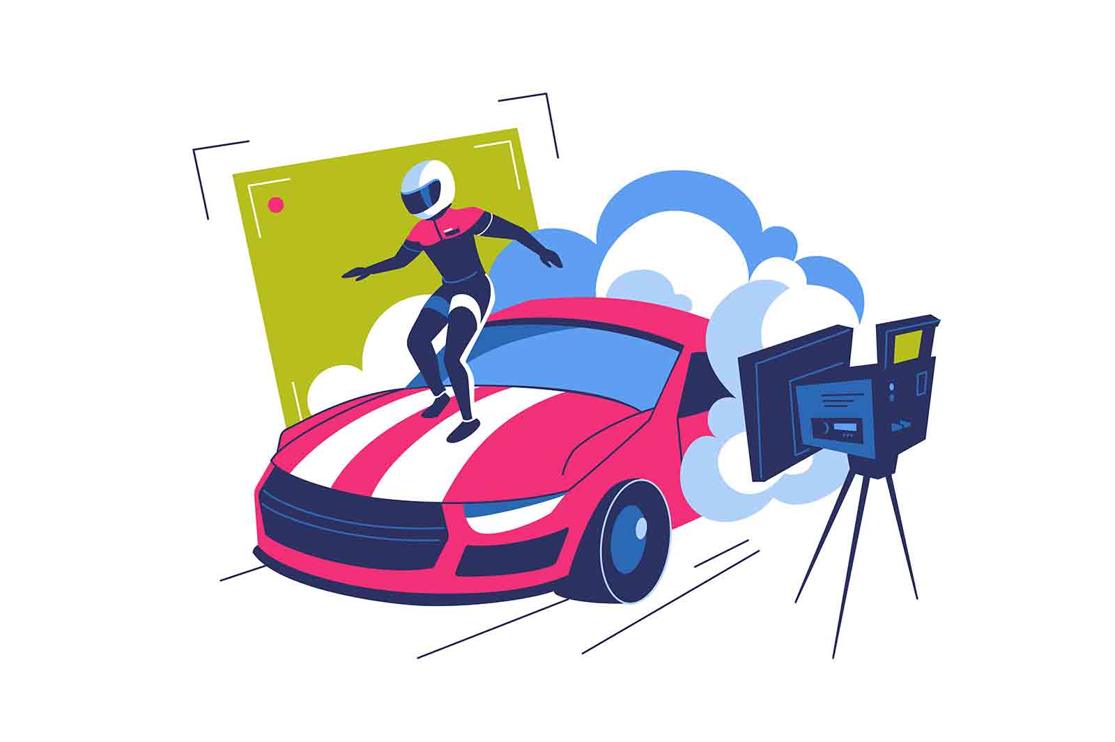 Stunt actor filming movie in cars crash scene actor vector illustration. Film, cinema motion production, entertainment industry