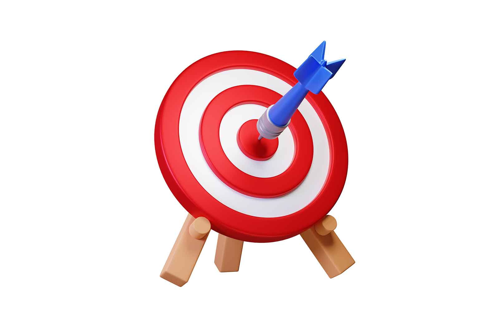 Target and arrow icon, goal achievement 3D rendered illustration. Red round dart board with arrow flying to bullseye.