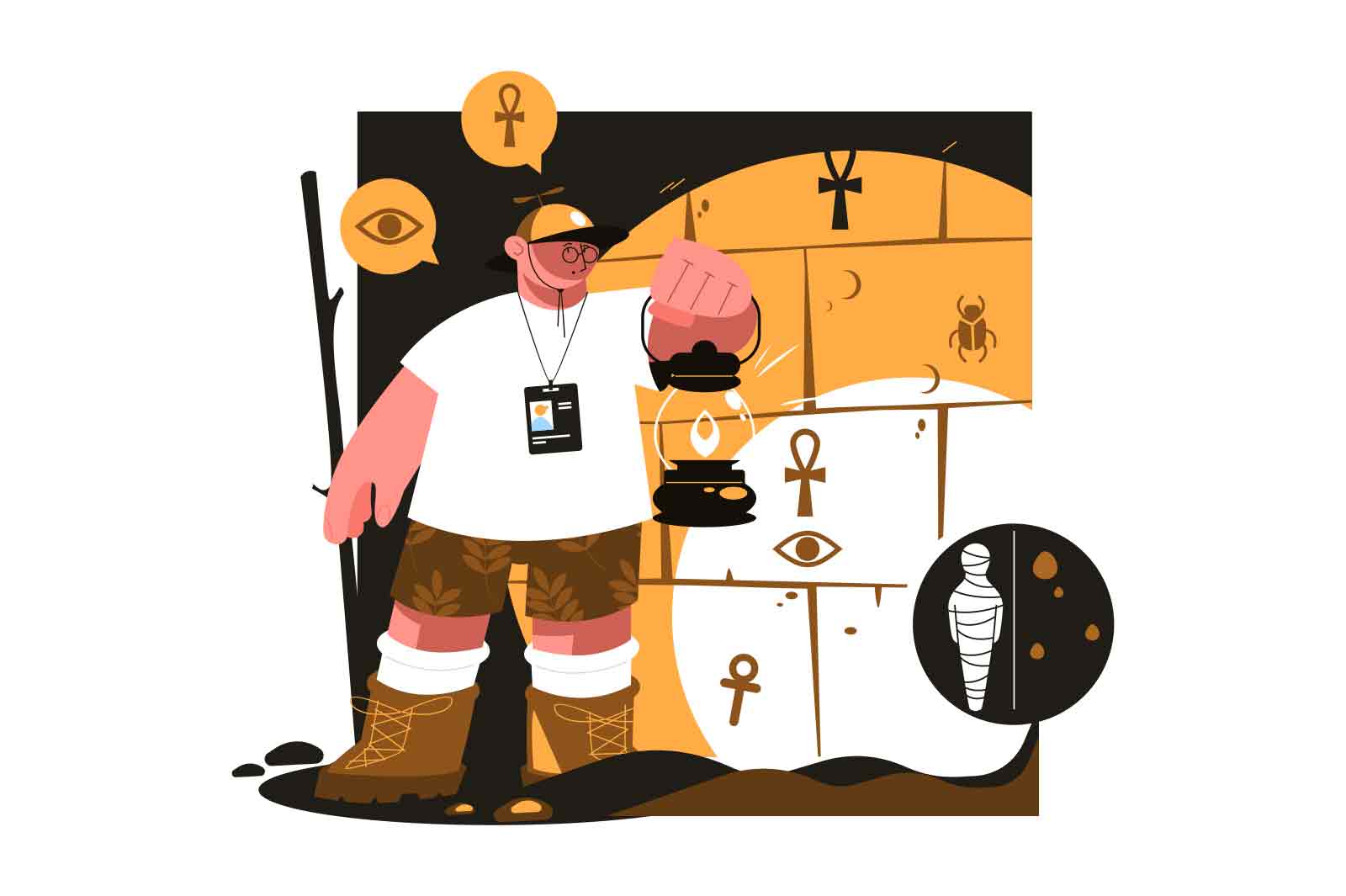 Guy in ancient tomb or sepulcher with treasures vector illustration. Man with lamp finding hidden treasures in dungeon crawler flat concept