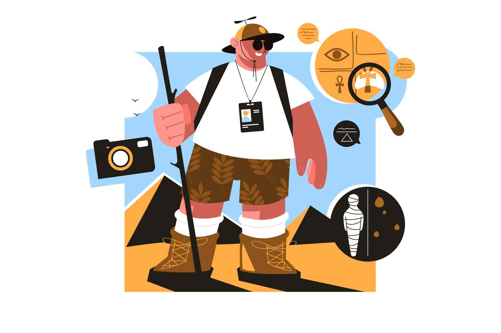 Guy tourist at egyptian pharaohs pyramids complex vector illustration. Ancient historical, famous touristic attractions flat concept