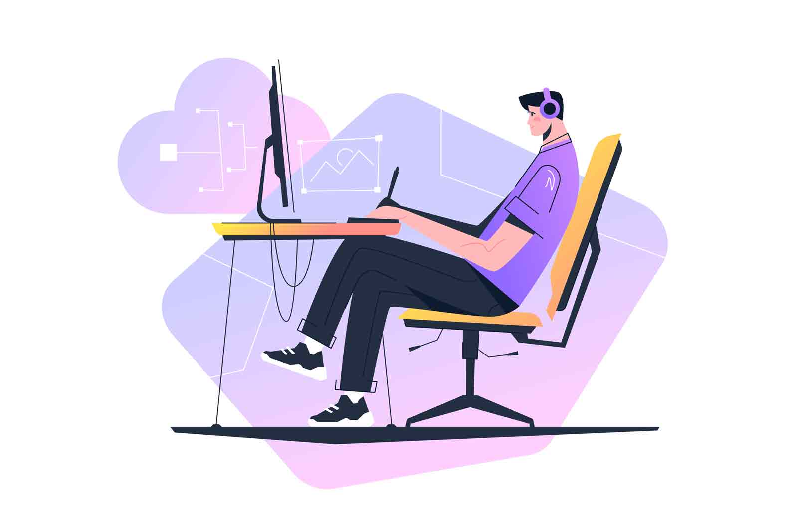 Digital designer working on laptop at workplace vector illustration. Man working at project flat style concept. Freelancing idea