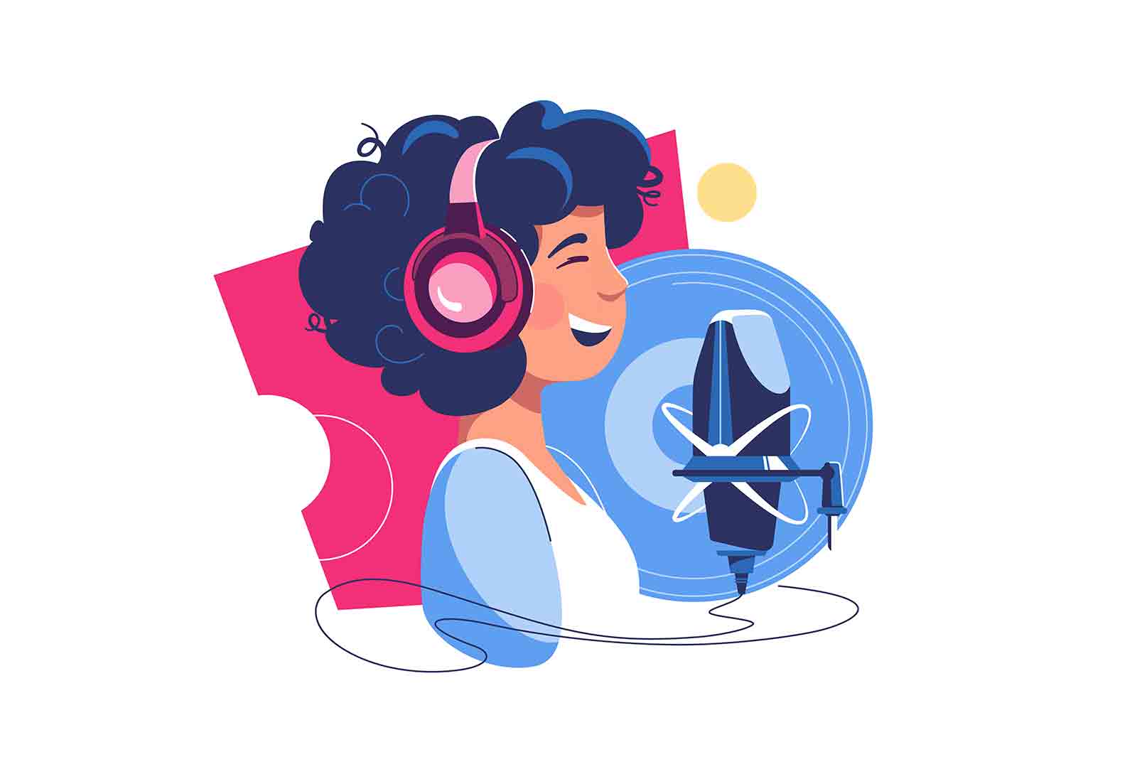 Young woman in headphones singing in recording studio vector illustration. Singer making record of voice. Young singer recording song