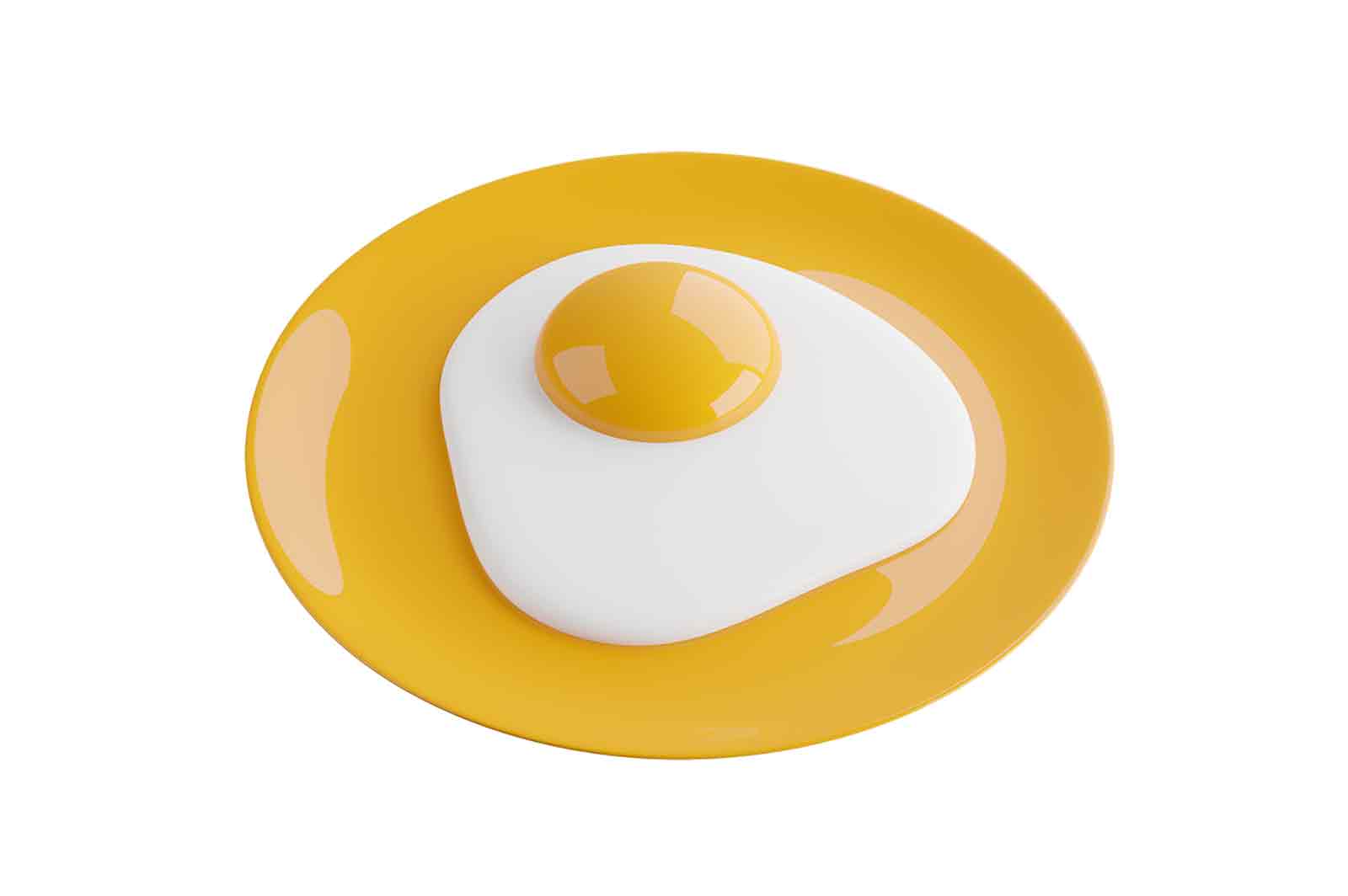 Fried egg on yellow plate, morning meal 3d rendered icon illustration. Breakfast dish, scrambled egg. Healthy nutrition