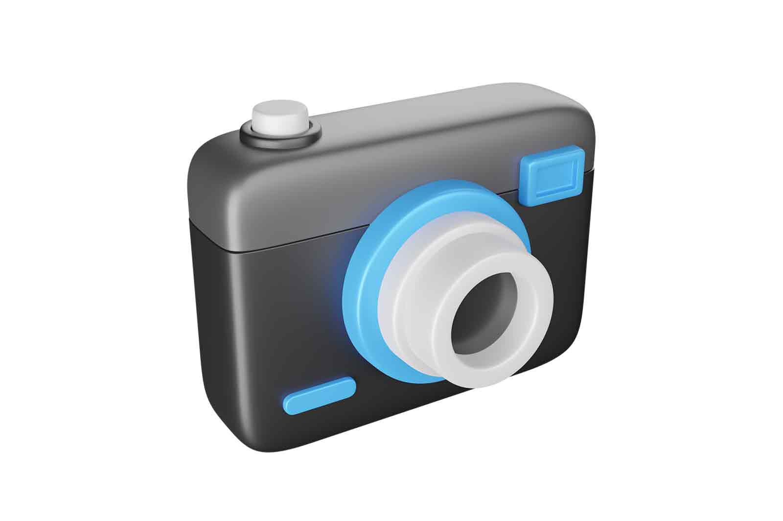 Photo camera with with lens and button 3d rendered icon illustration. Digital device. Technology and photography concept