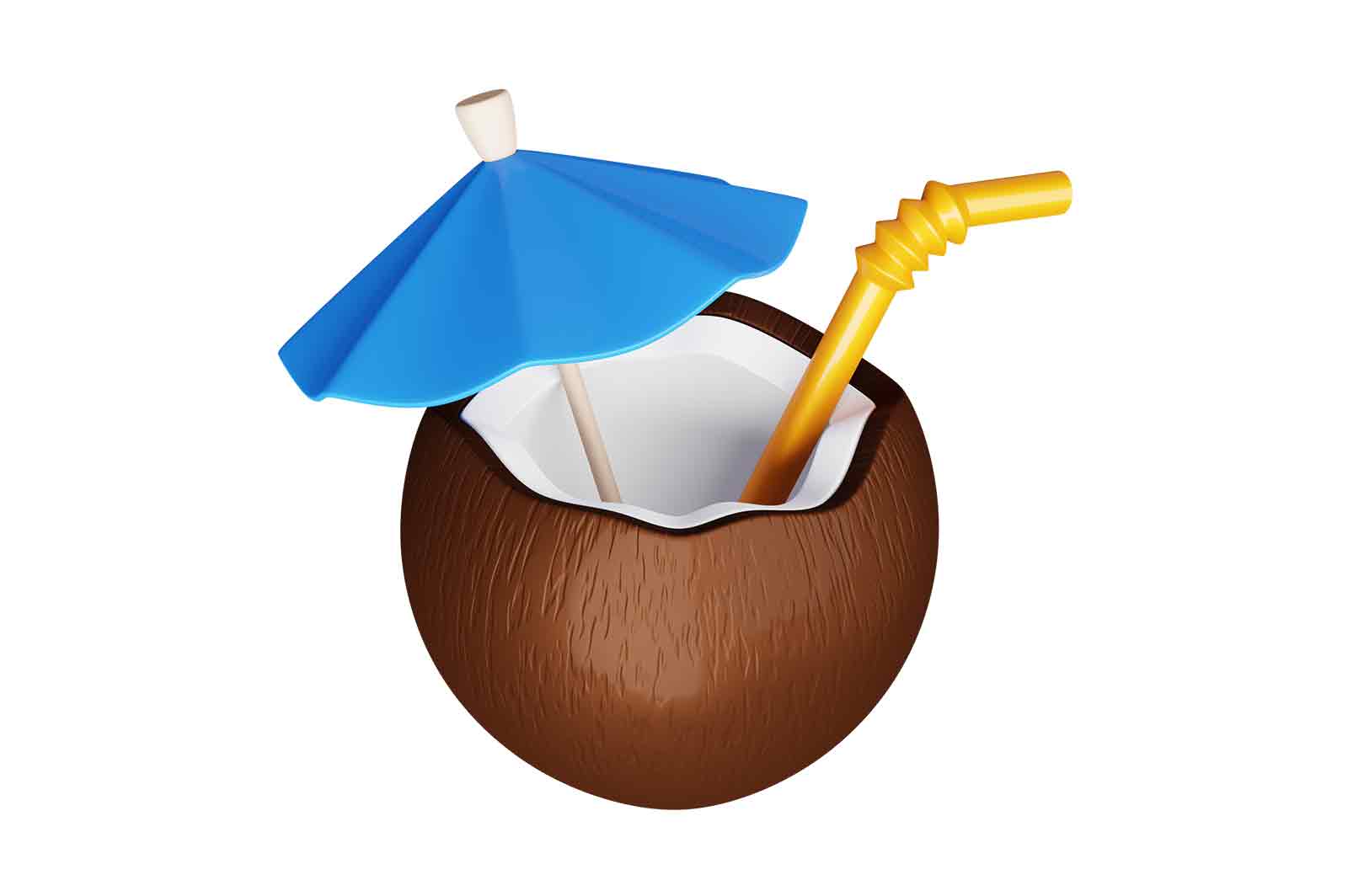 Coconut cocktail with straw and umbrella 3d rendered icon illustration. Healthy fresh drink and exotic beverage concept