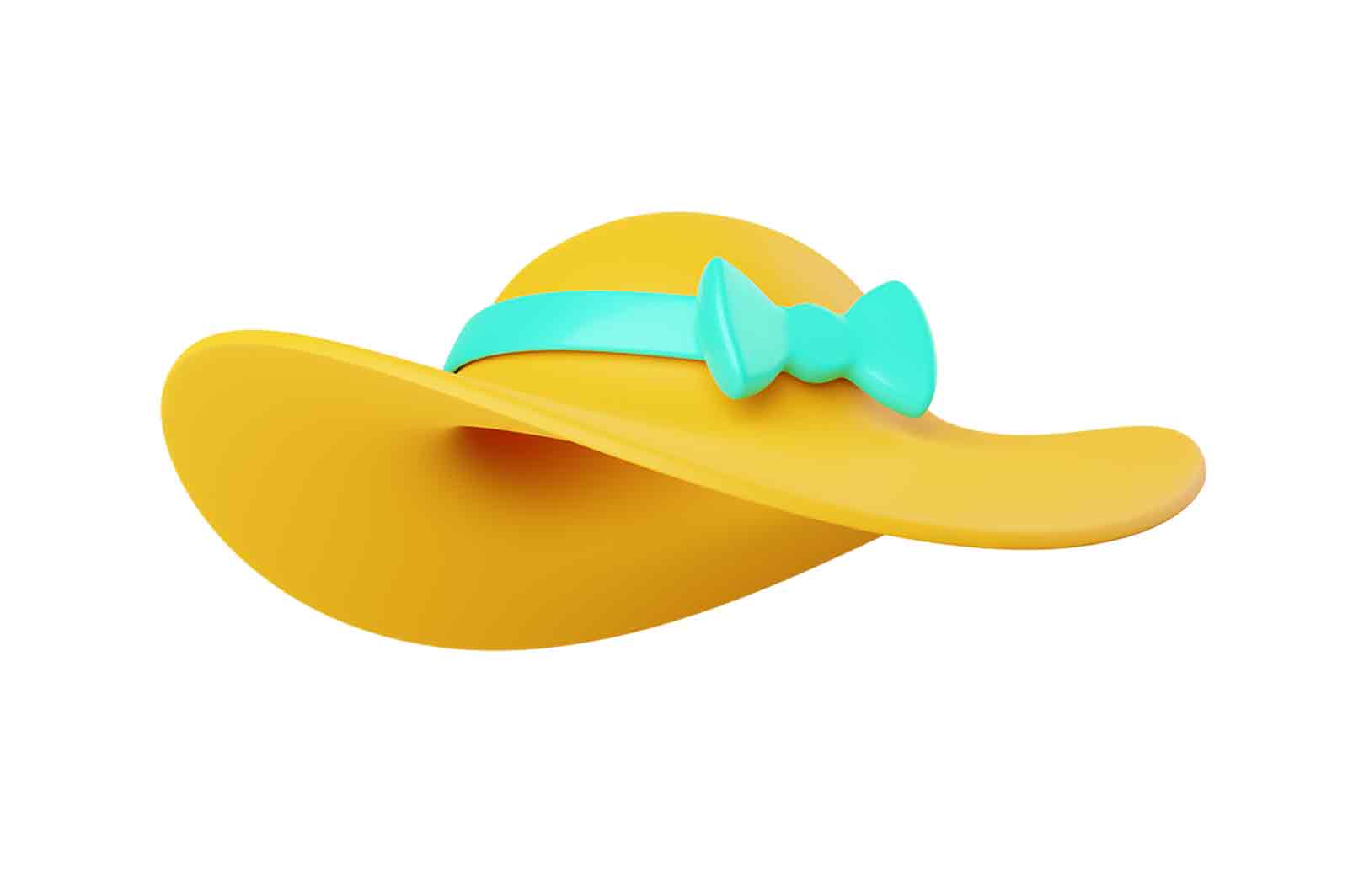 Yellow female sunhat with ribbon and bow 3d rendered icon illustration. Summer head accessory. Fashion and beauty concept