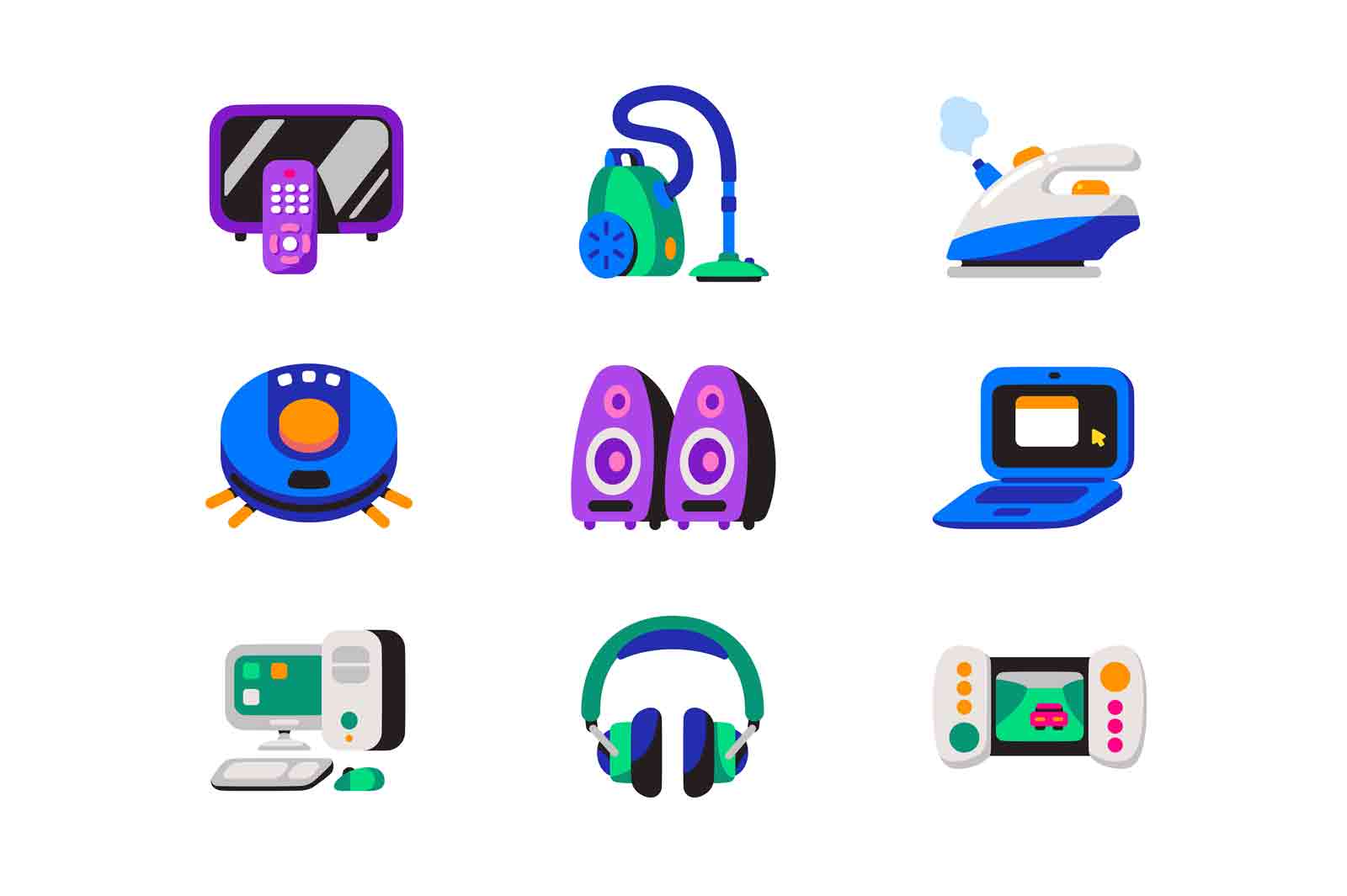 Modern home appliances electronics icons set vector illustration. Tv set, vacuum cleaner, iron, pc, headset and gaming device flat concept