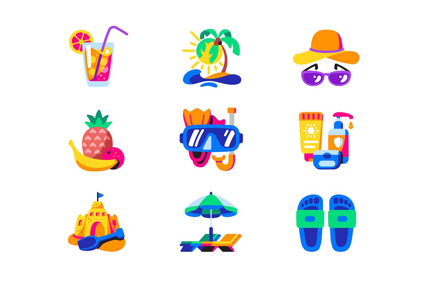 Summer beach vacation, time to rest icons set vector illustration. Beach rest and travel symbols flat concept. Marine trip