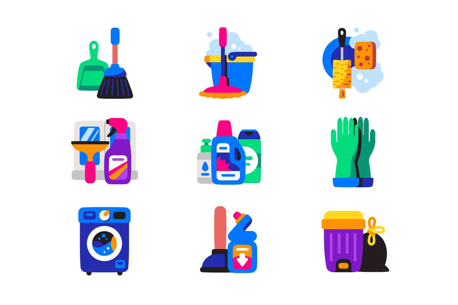 Cleaning supplies and tools icon set vector illustration. Detergents and equipment for cleanup. Household flat style concept