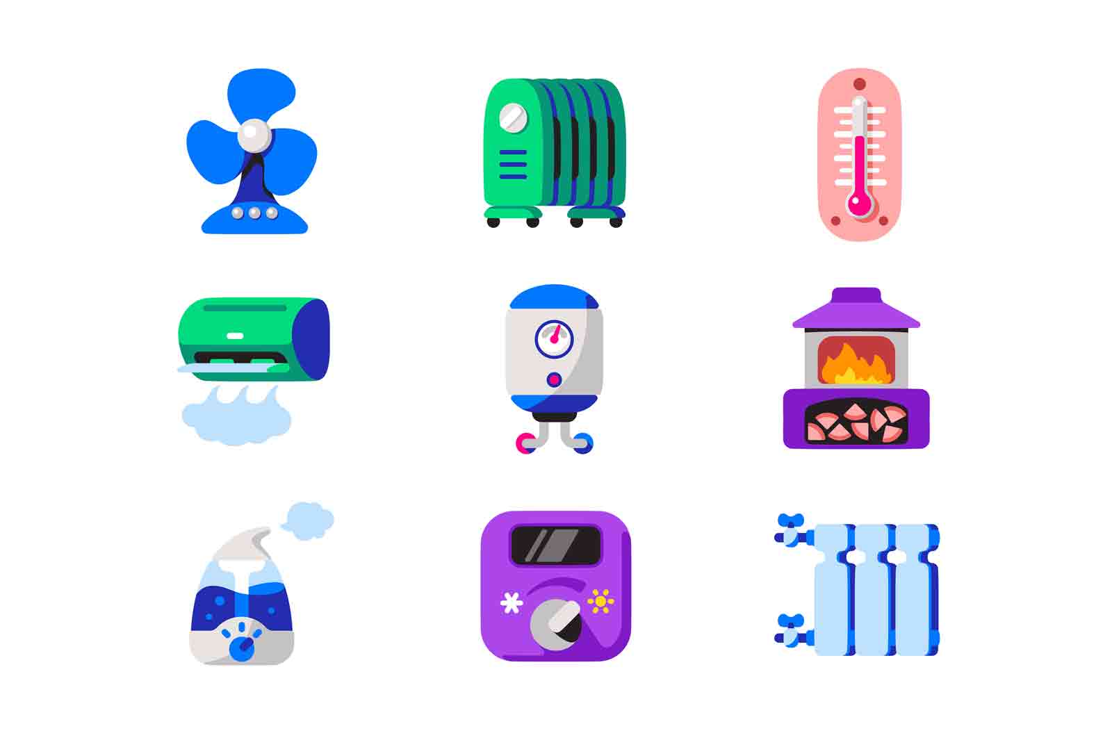 Climatic equipment for regulation temperature at home icon set vector illustration. Climate control units flat concept