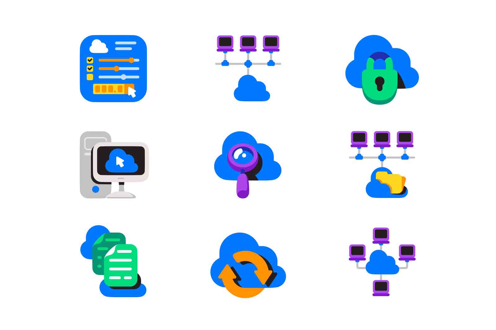Cloud server network icon set, computer technology vector illustration. Online services. Data, information security flat concept