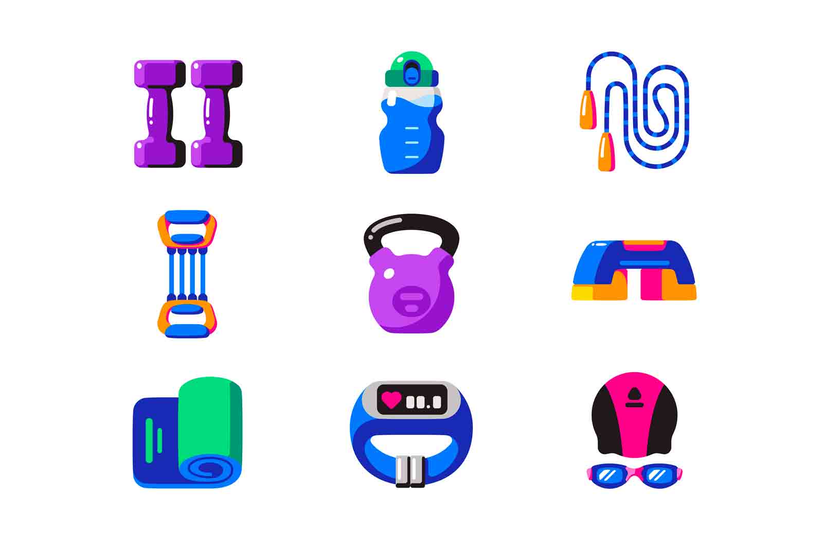 Sport or fitness workout equipment icons set vector illustration. Training accessories and fitness devices for active lifestyle flat concept