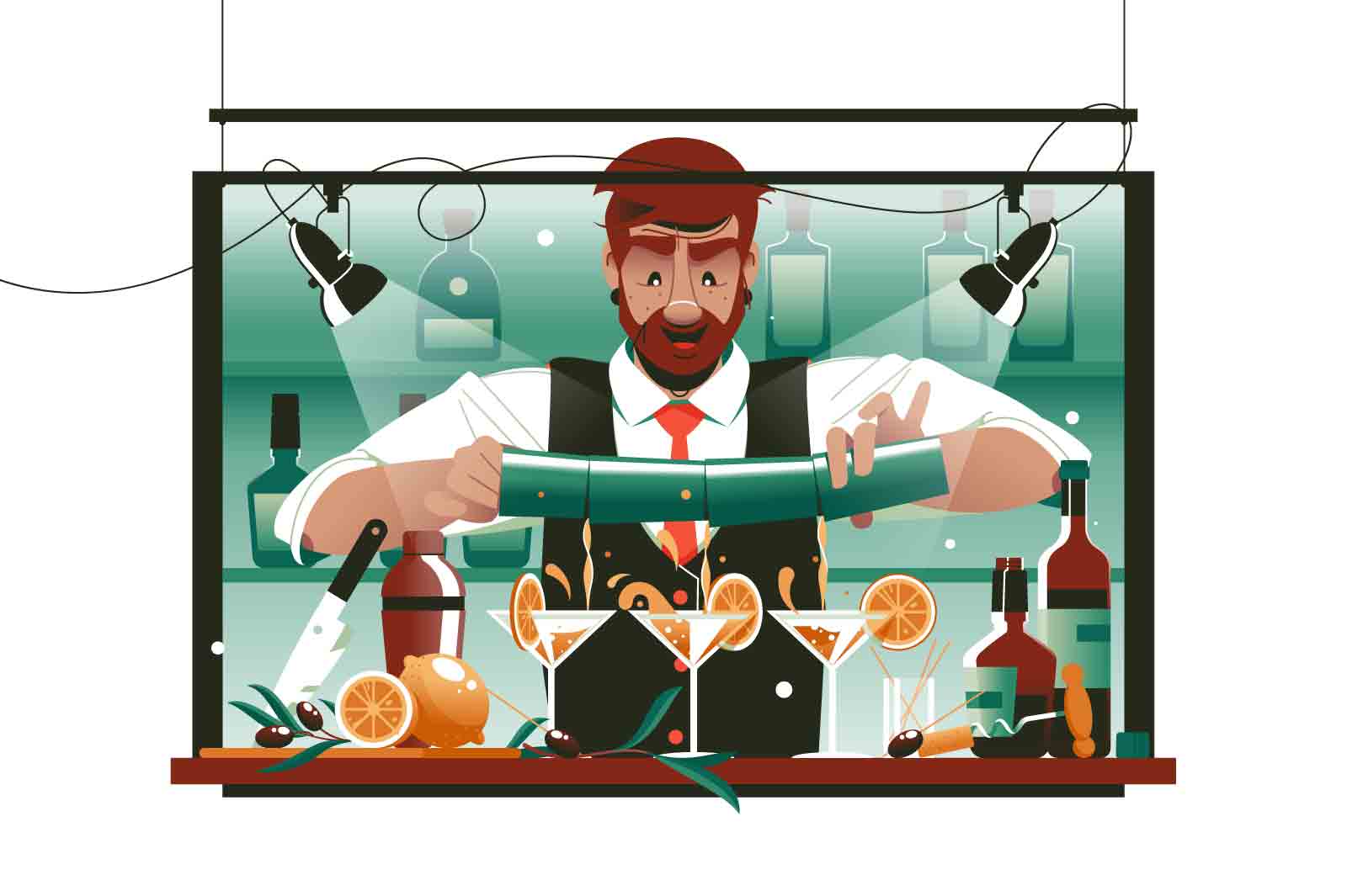 Barman in uniform making cocktails vector illustration. Bar interior. Bartender with cocktail shaker flat style concept