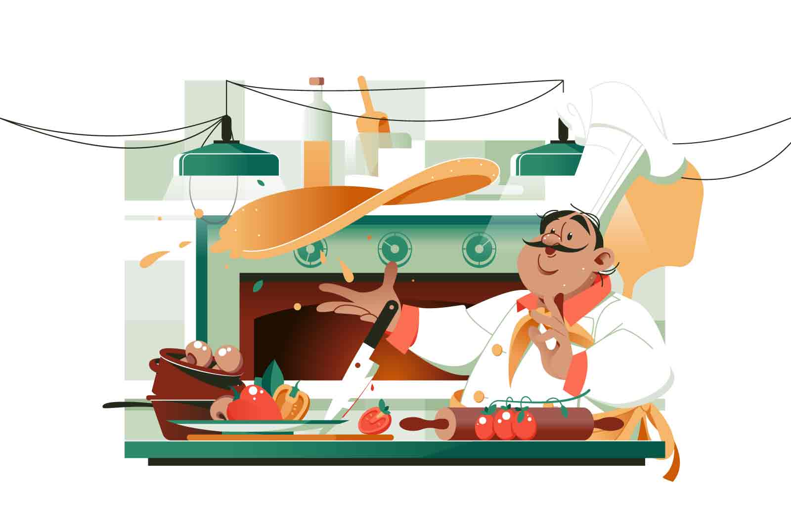Pizzeria composition with chefs bake pizza vector illustration. Chef cooking pizza. Restaurant kitchen interior concept