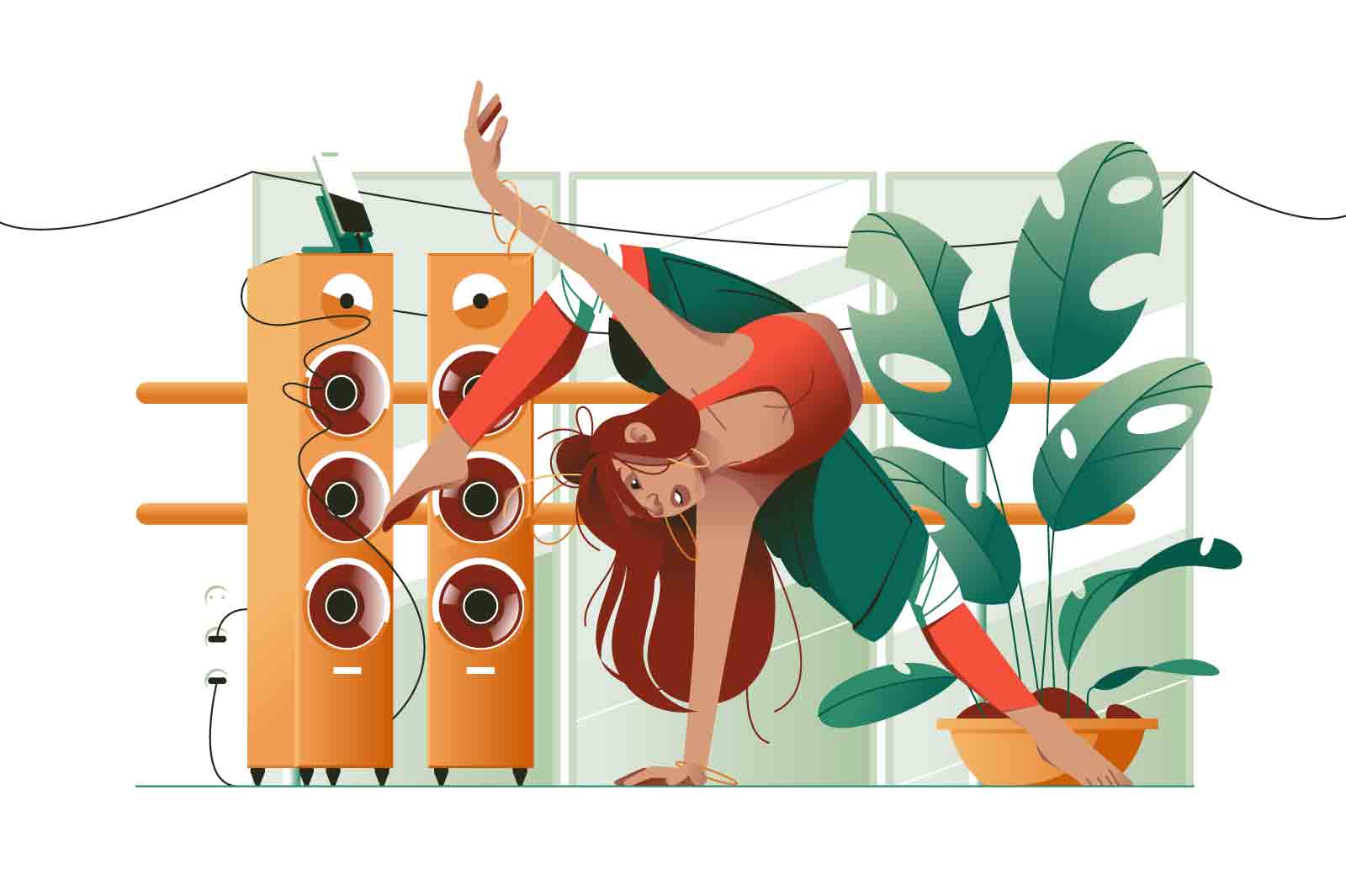 Cute woman dancer in action in studio vector illustration. Female dancing, modern dances and contemporary style flat concept