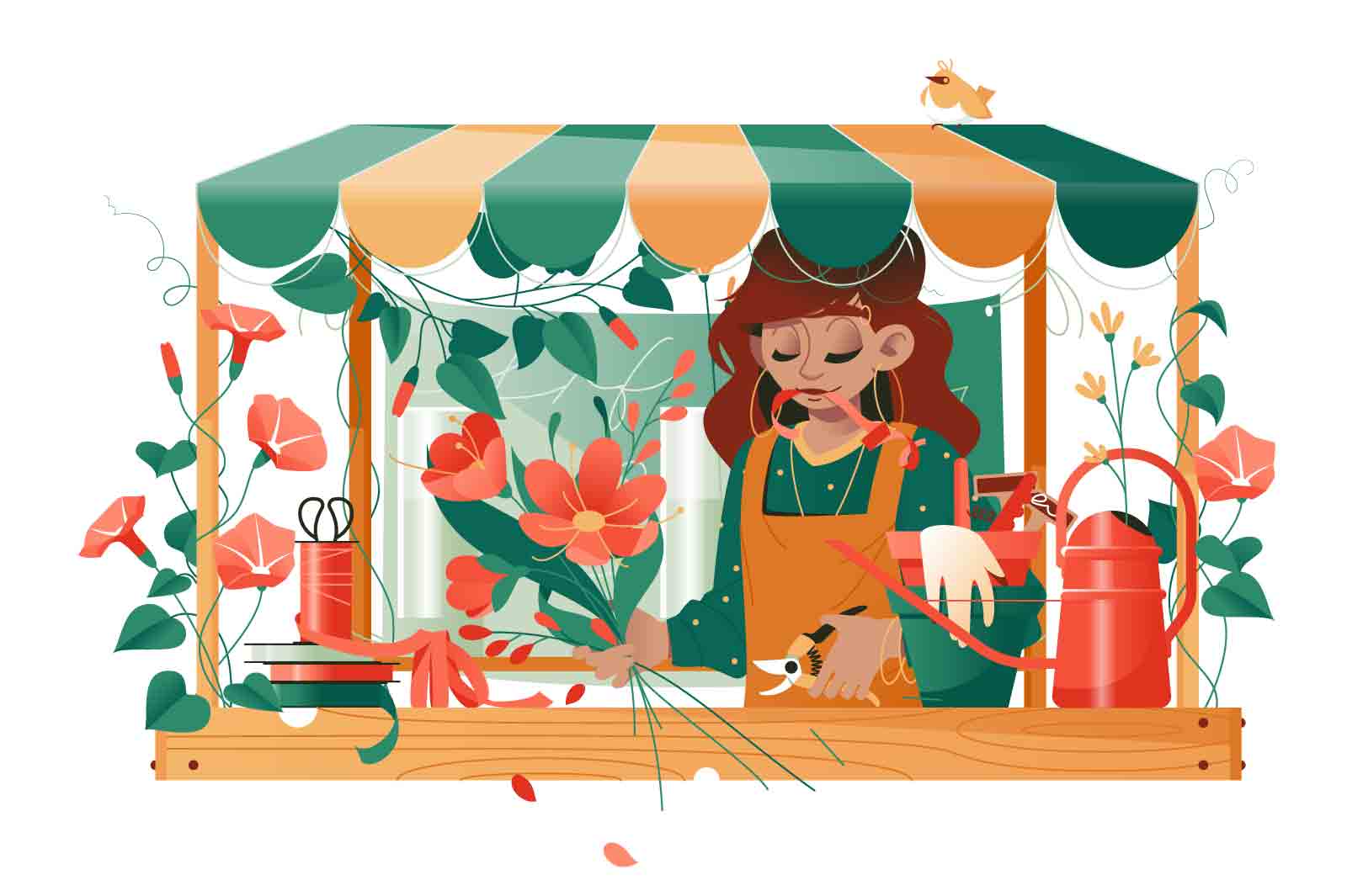 Florist making bouquet in flower shop vector illustration. Woman at work in retail store with plants. Floristics flat concept