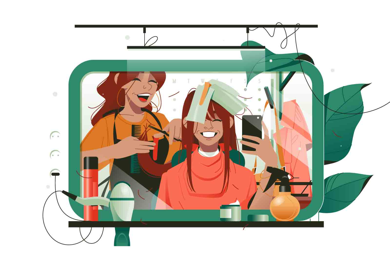 Girl in barbershop hair dye and doing selphy. Haircut and hairstyling vector illustration.