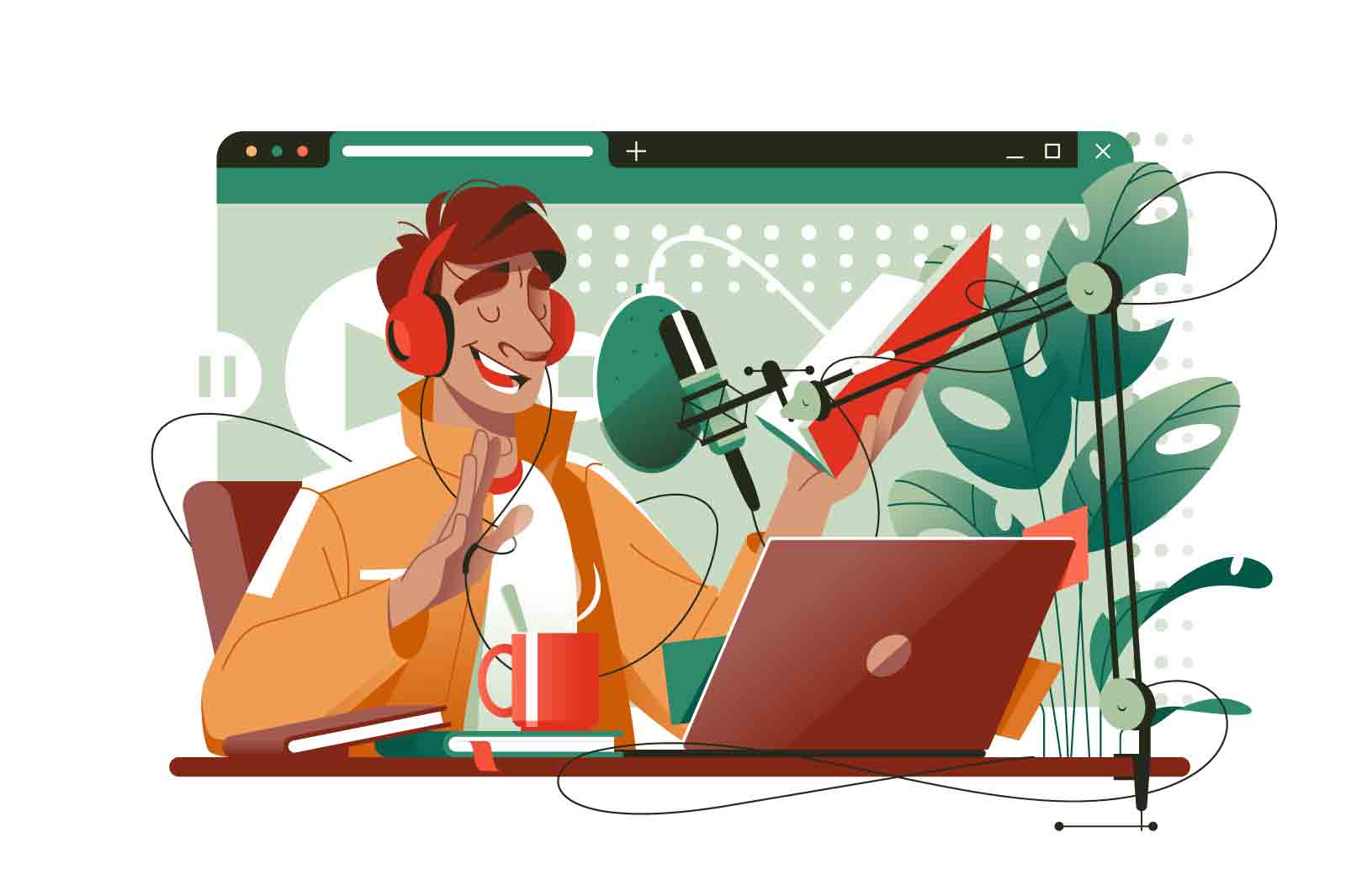 Podcast recording and broadcasting vector illustration. Podcaster talking with audience. Radio, audio streaming service