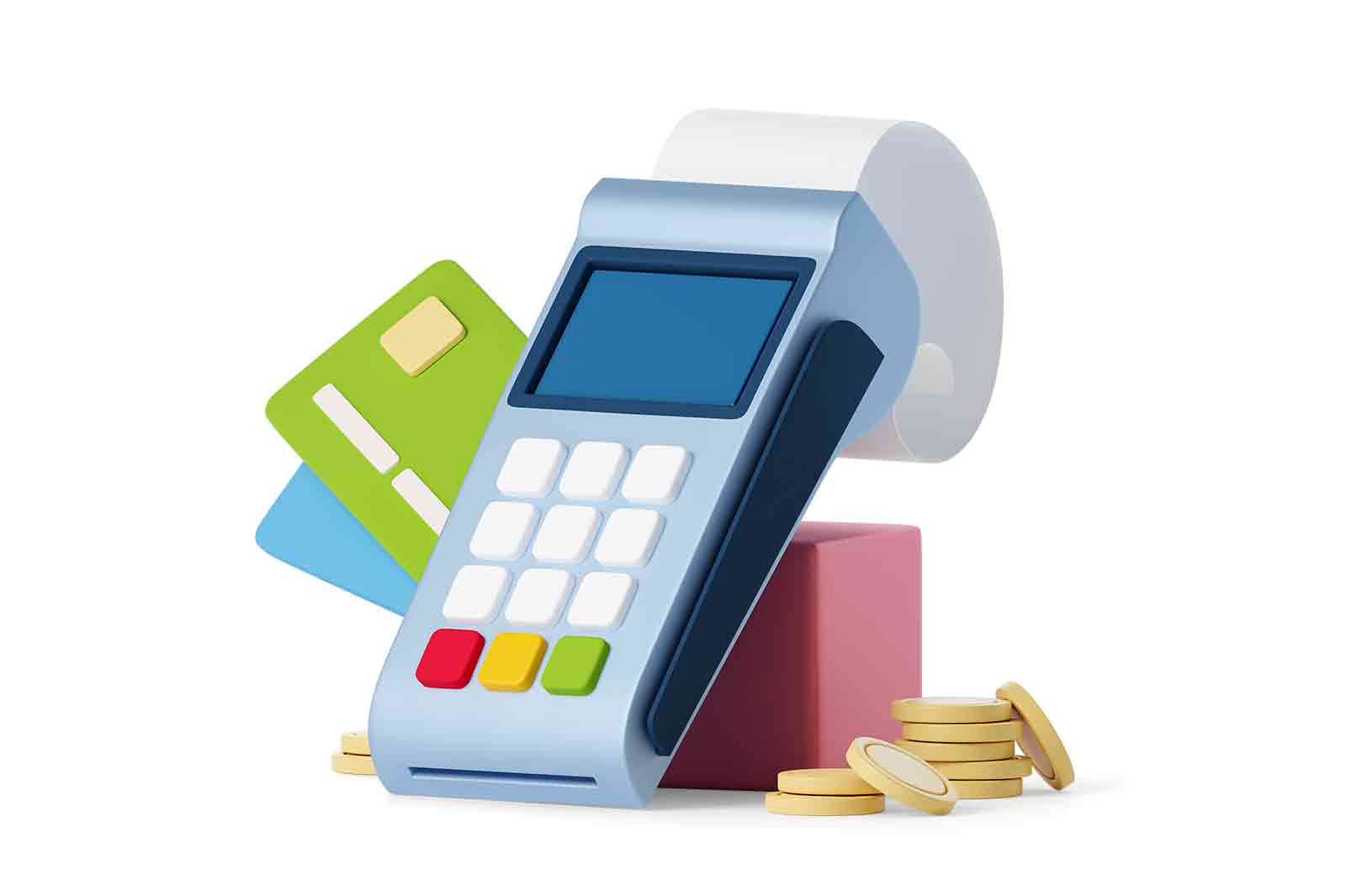 Bank terminal with cards and coins, processing nfc payments device 3d rendered illustration. POS terminal with receipt