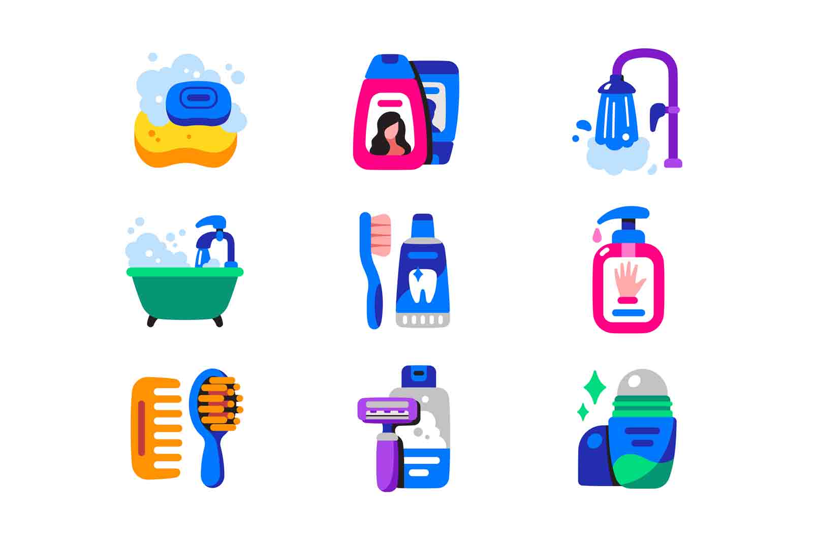 Personal hygiene icon set vector illustration. Bathroom cosmetics, care items and cleanliness flat style concept