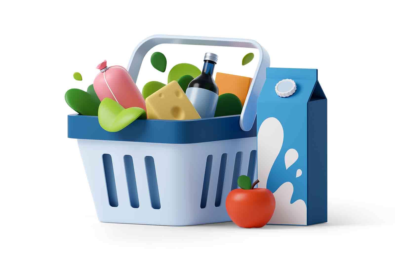 Shopping basket with groceries 3d rendered illustration. Grocery bag with product set. Time for shopping and supermarket concept