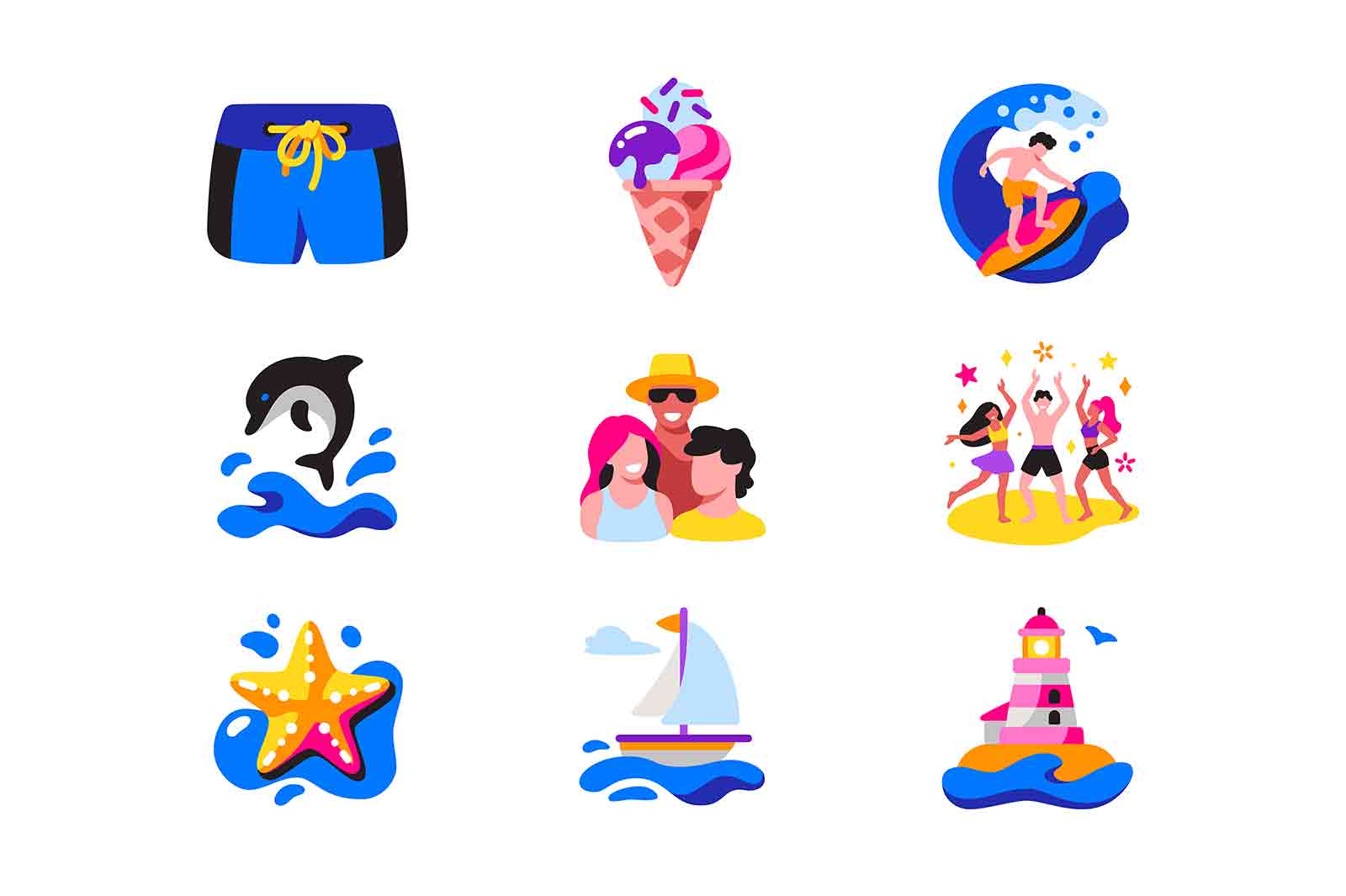 Vacation and travel icons set, time to rest vector illustration. Recreation and entertainment in summer. Hello summer flat concept