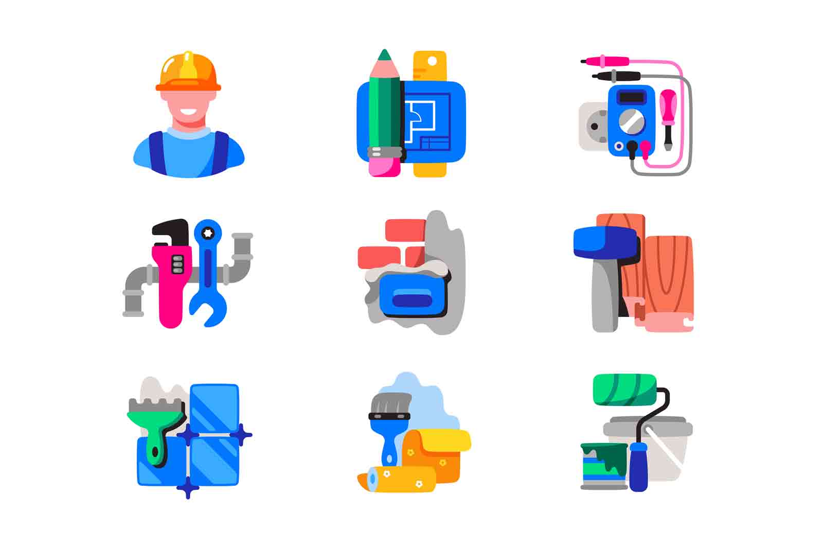 Repair tools and elements icon set vector illustration. Repairing and renovation of house or apartment flat style concept