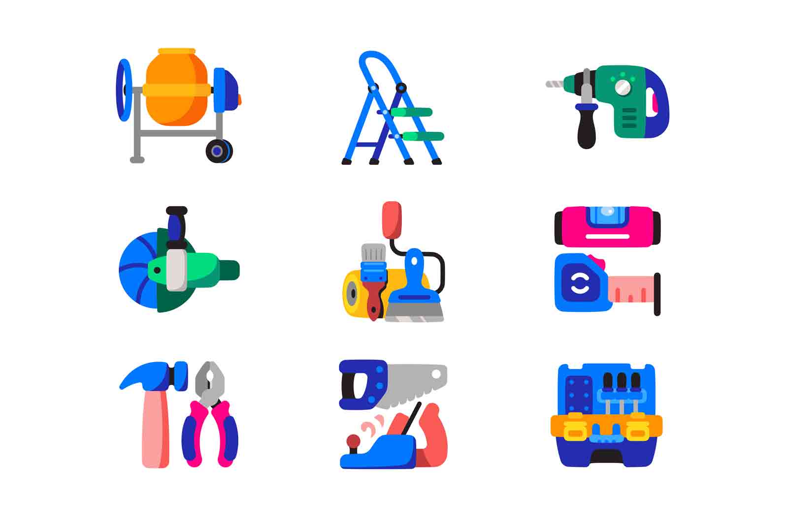 Equipment for repair and renovation icon set vector illustration. Repairing and renovation of house or apartment flat style concept