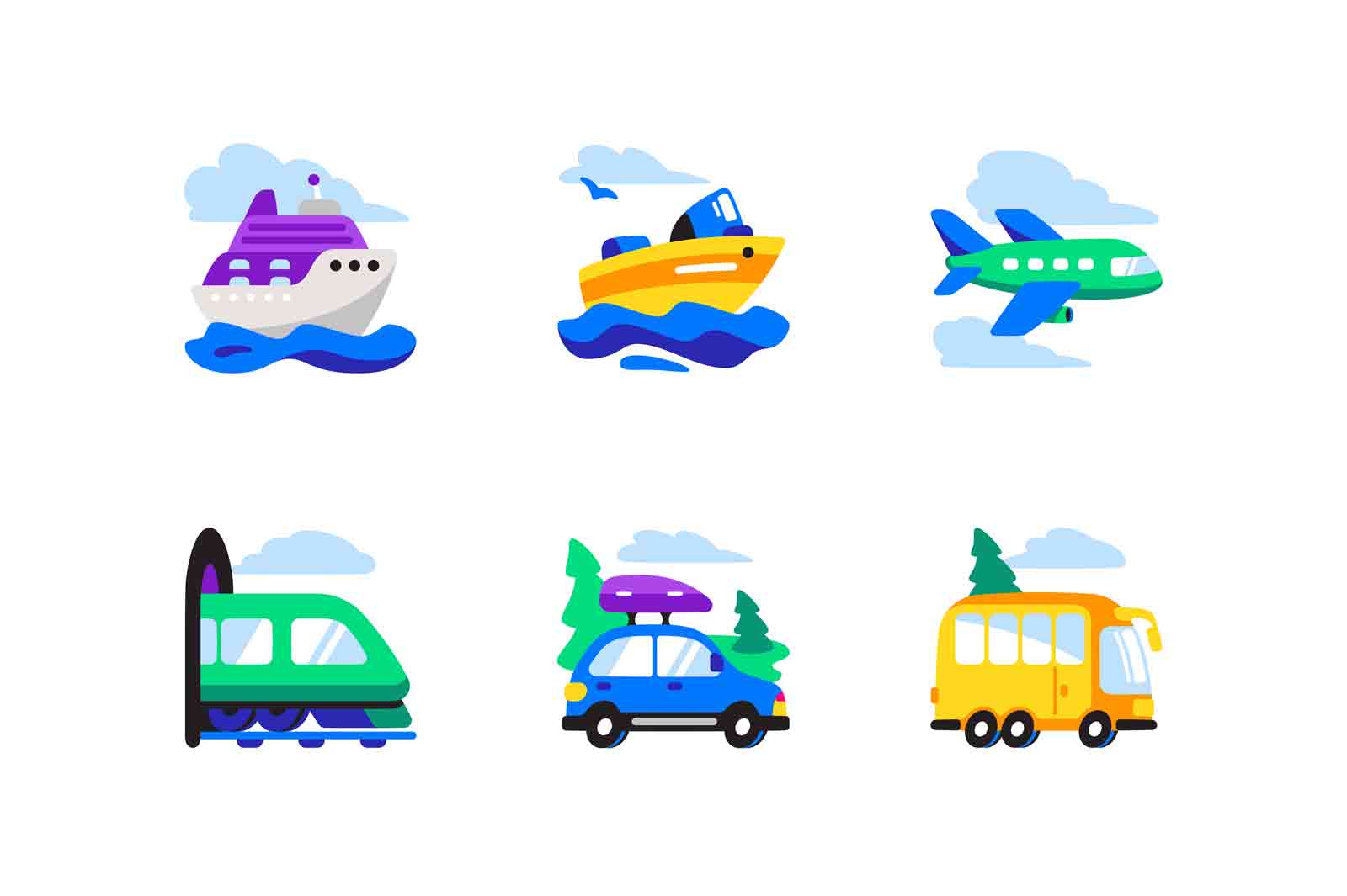 Mode of travelling transport flat icon set vector illustration. Public transport, travelling by cruise ship, airplane, train, car, or bus flat concept