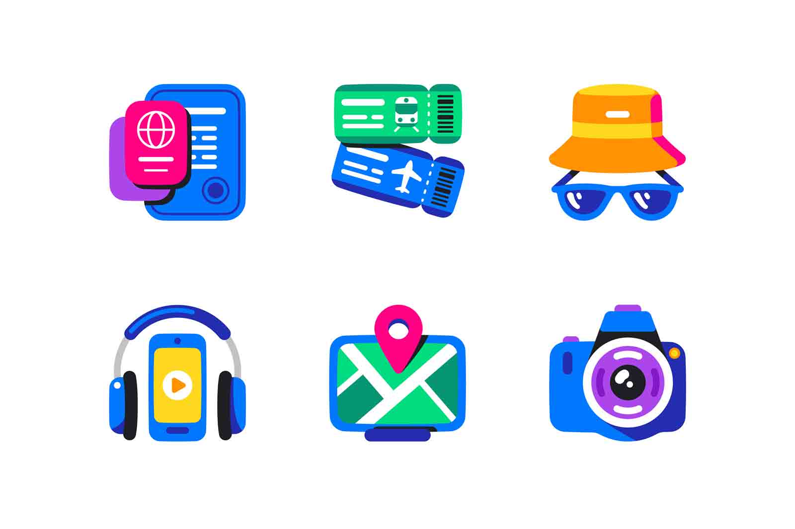 Travelling icons set, time to travel, vacation vector illustration. Tickets, sunglasses, navigation system and photocamera flat style