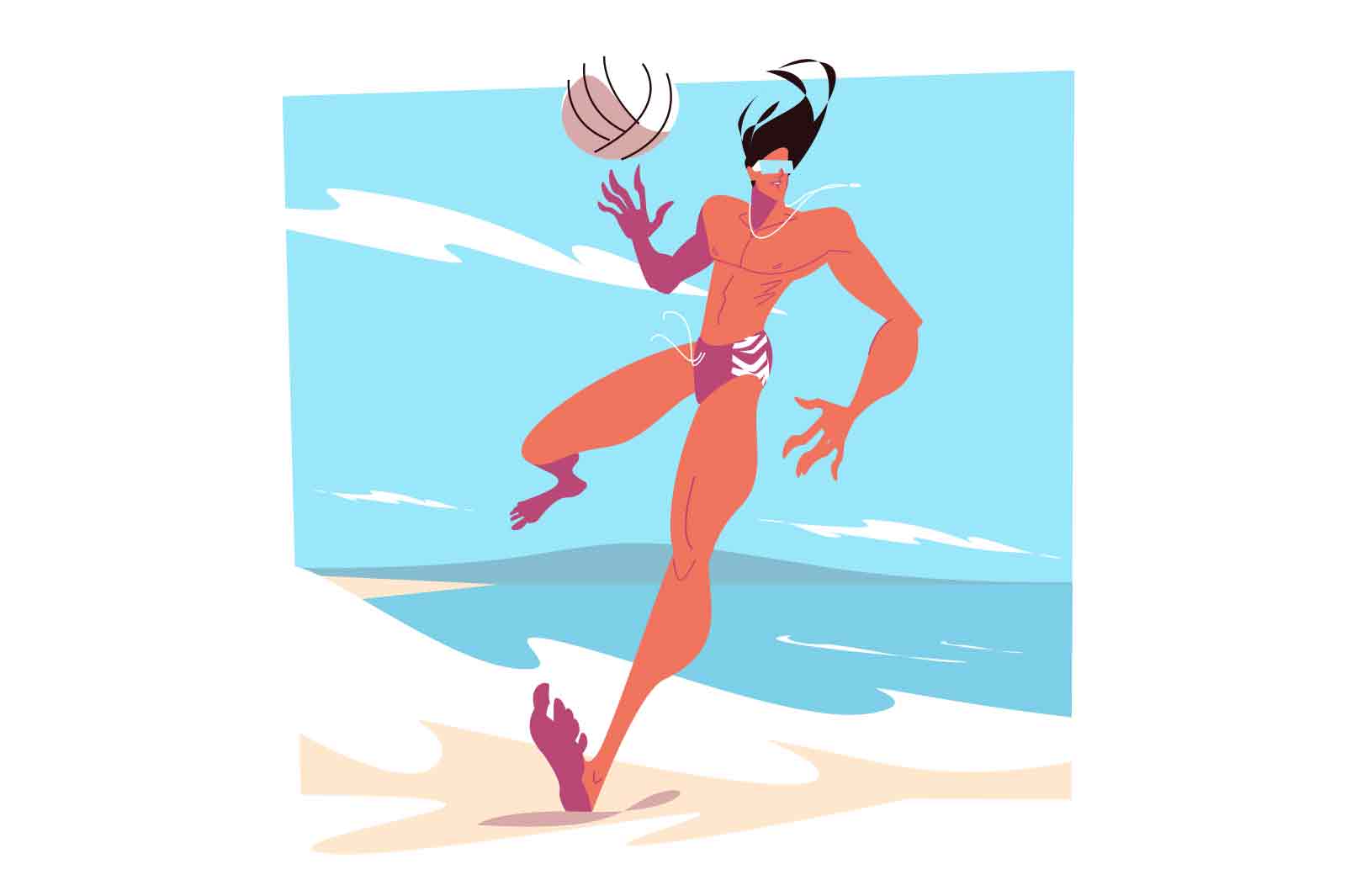 Guy playing beach volleyball on sea shore vector illustration. Sportsperson hits ball. Active game and recreation flat style concept