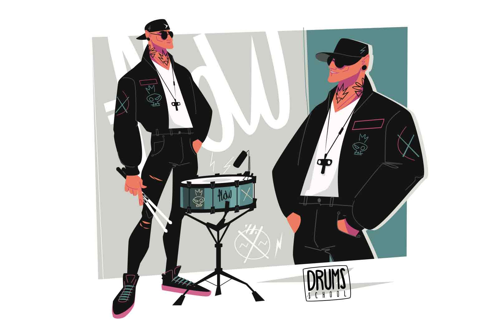 Brutal drummer man playing with sticks on drums vector illustration. Member of rock group. Musical show. Drums school and musical art concept