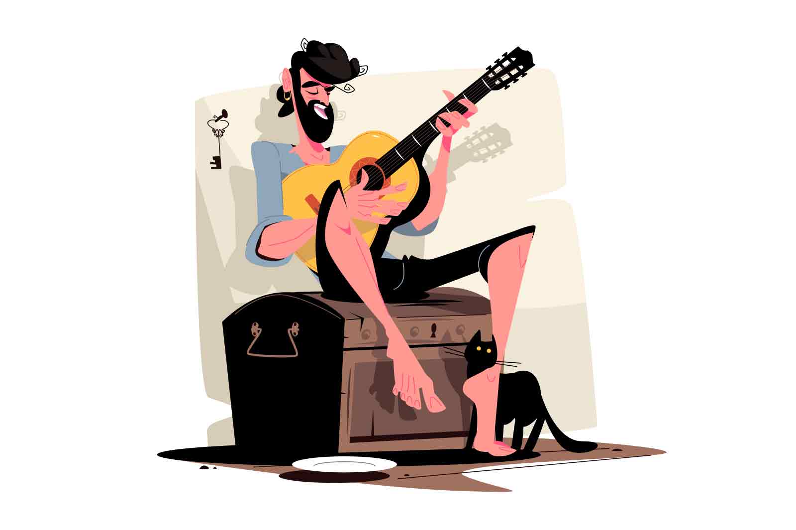 Gypsy man playing on guitar, street artist vector illustration. Romany bearded guy guitarist enjoying playing on musical instrument flat concept