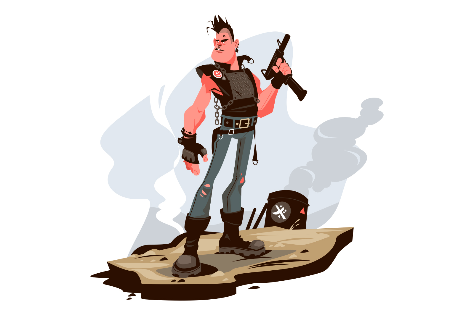 Punk rock brutal man with gun on battlefield vector illustration. Man with handgun. Popular punk subculture flat style concept