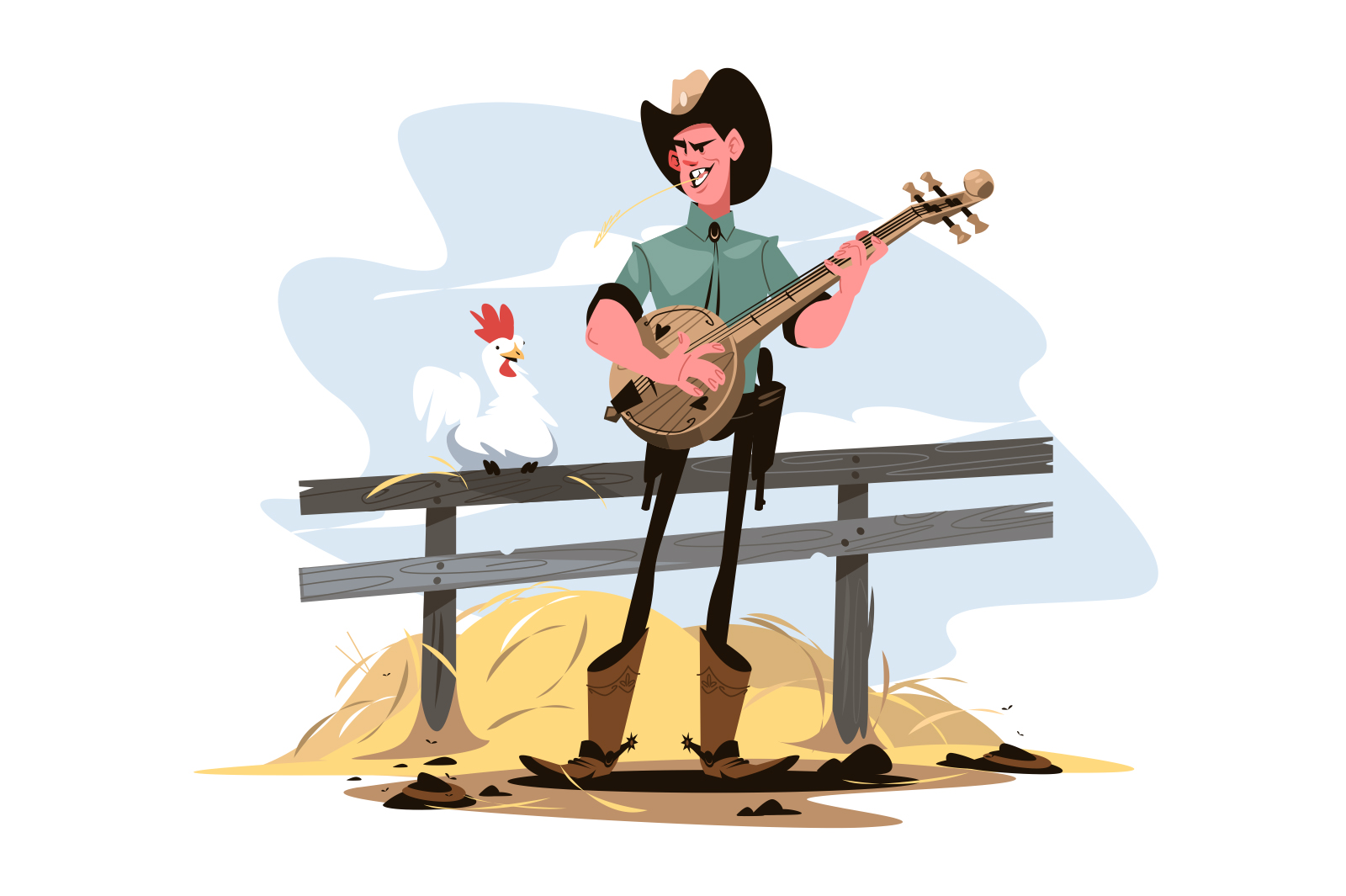 Guy cowboy playing on banjo, wild west musical instrument vector illustration. Country music, banjo player flat concept