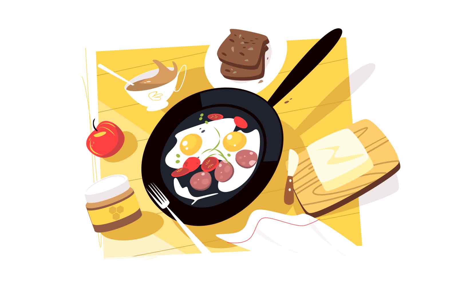 Delicious tasty and healthy breakfast, morning meal vector illustration. Fried eggs with sausages and tomatoes. Cup of coffee, bread and butter