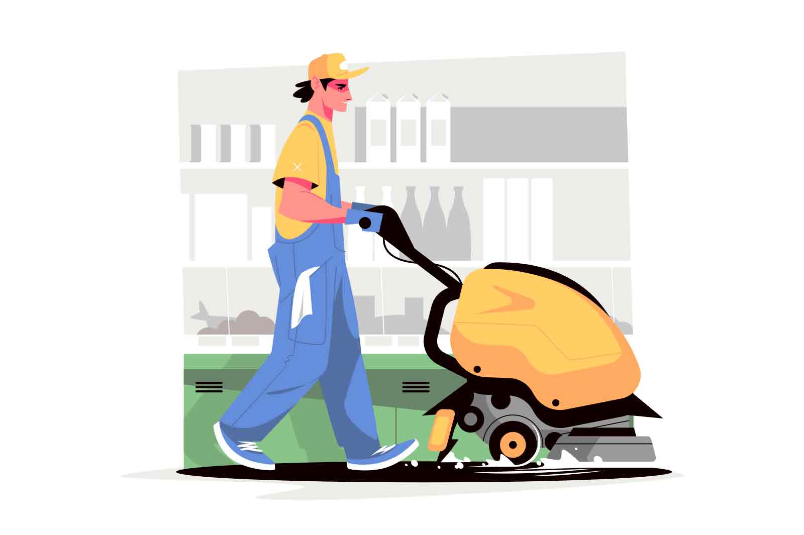 Professional cleaner at work in grocery store vector illustration. Male worker cleaning supermarket floor with cleaning machine. Cleaning service concept