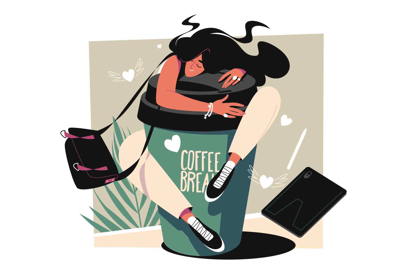 Woman having coffee break vector illustration. Female hugging cup with coffee. Time to relax flat style concept