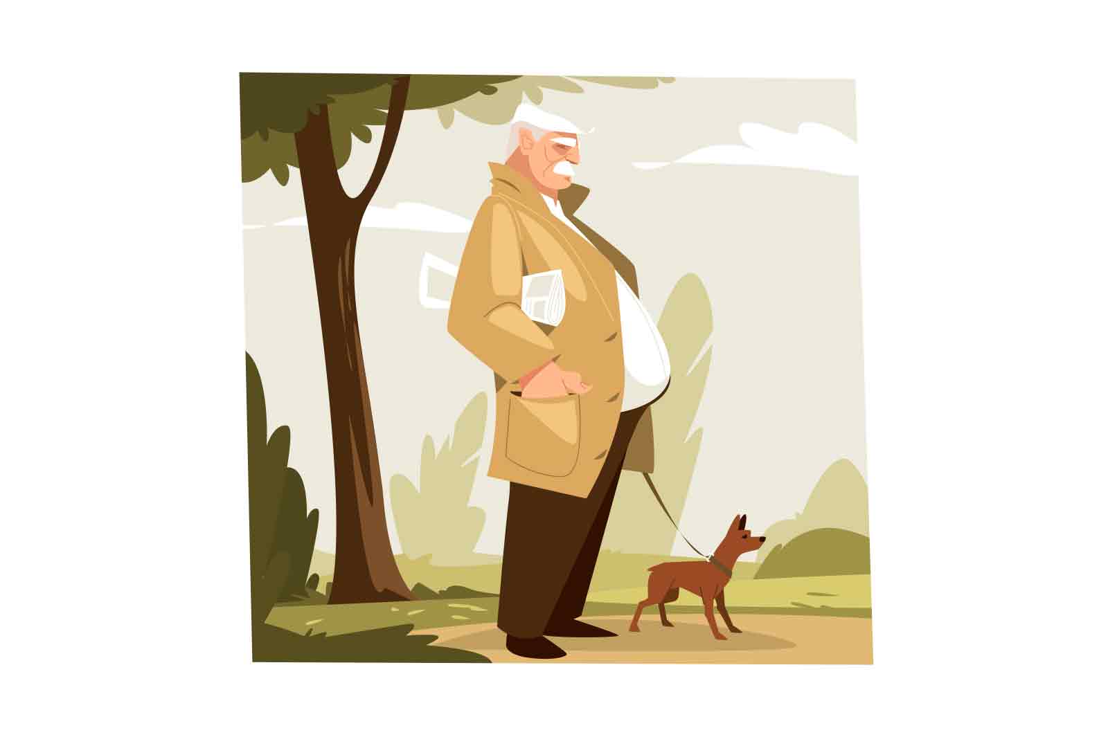 Sleuth detective man with newspaper walking with dog in park vector illustration. Police detective work. Investigation and solve crimes flat concept