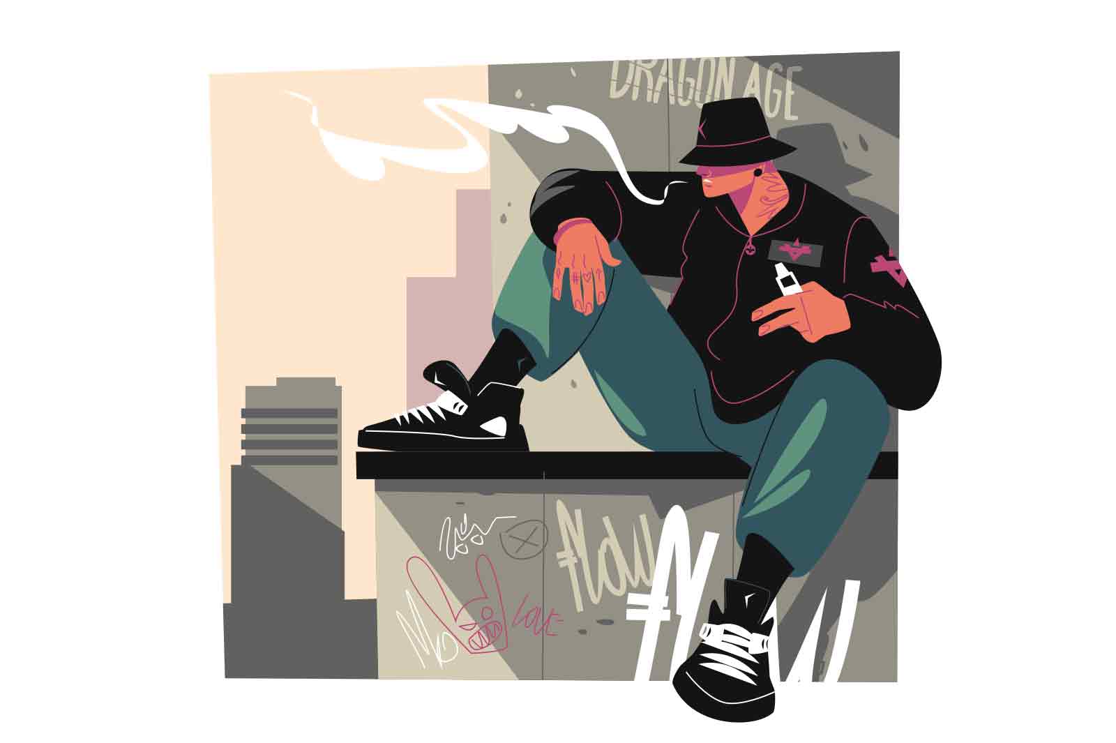 Dude in smoking electronic cigarette vector illustration. Guy sitting on parapet of building flat style concept