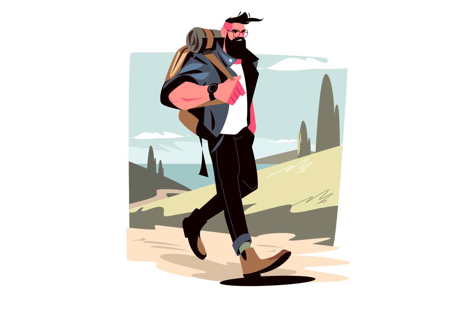 Guy tourist with backpack walking on mountain landscape vector illustration. Bearded dude traveller going through highlands flat concept