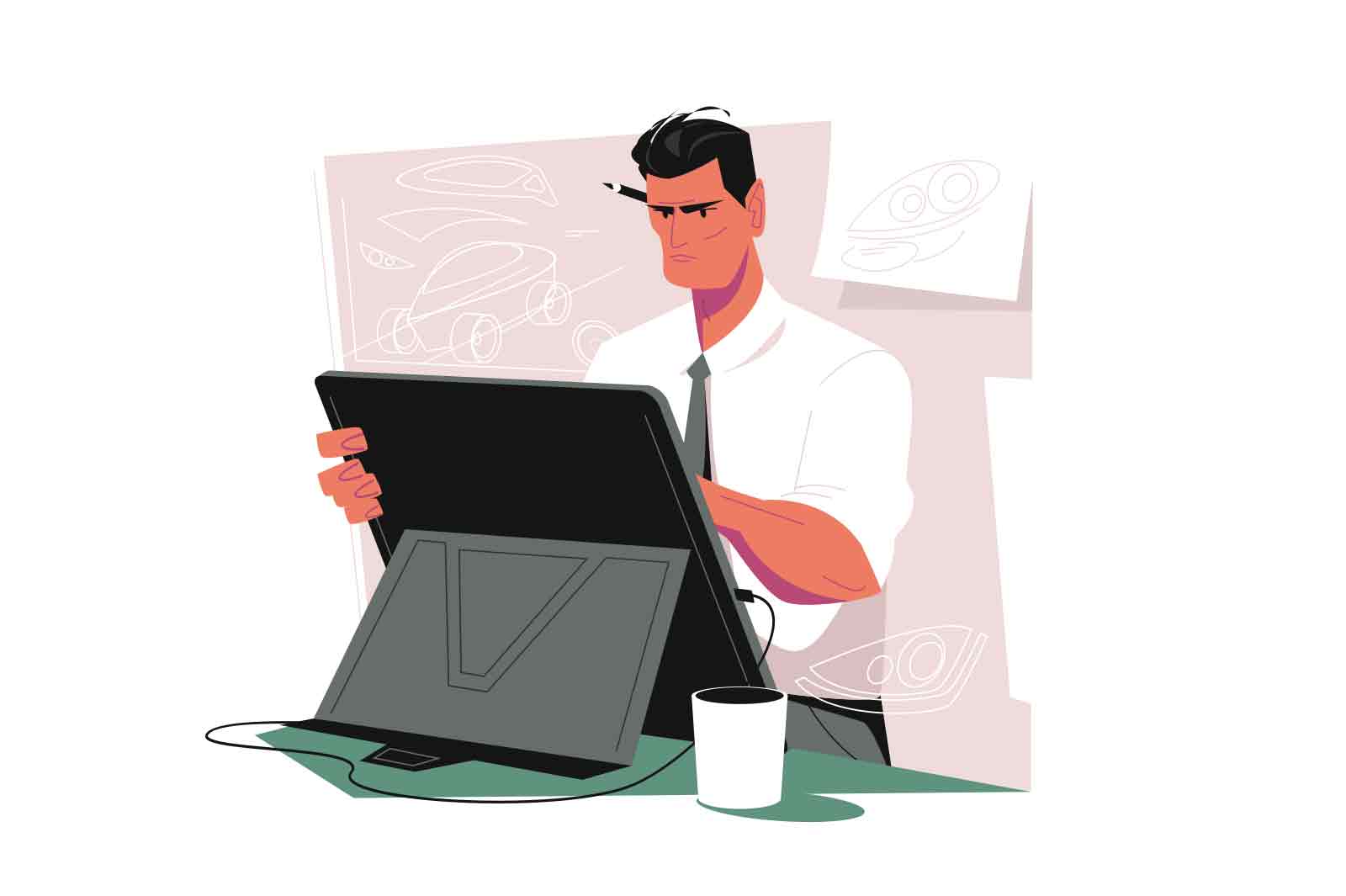 Male engineer architect working at graphics tablet vector illustration. Creating construction project and art flat concept