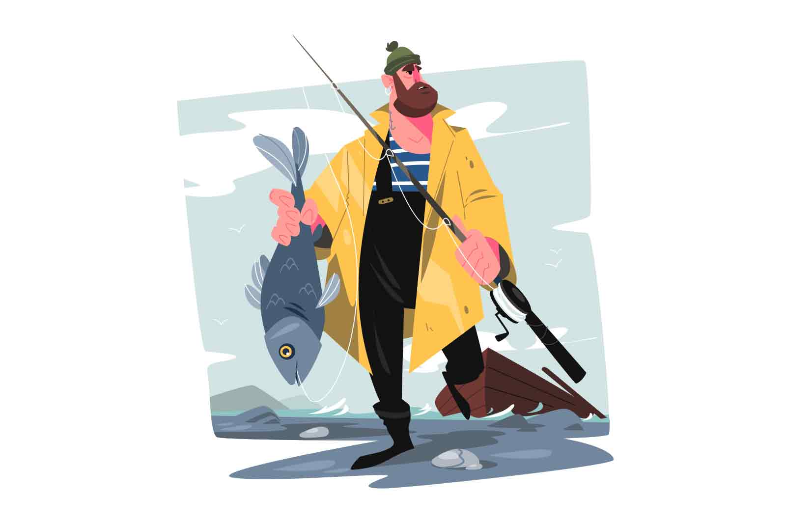 Fisherman with fishing rod and fish catch vector illustration. Hobby leisure activity, angling vacation flat style concept