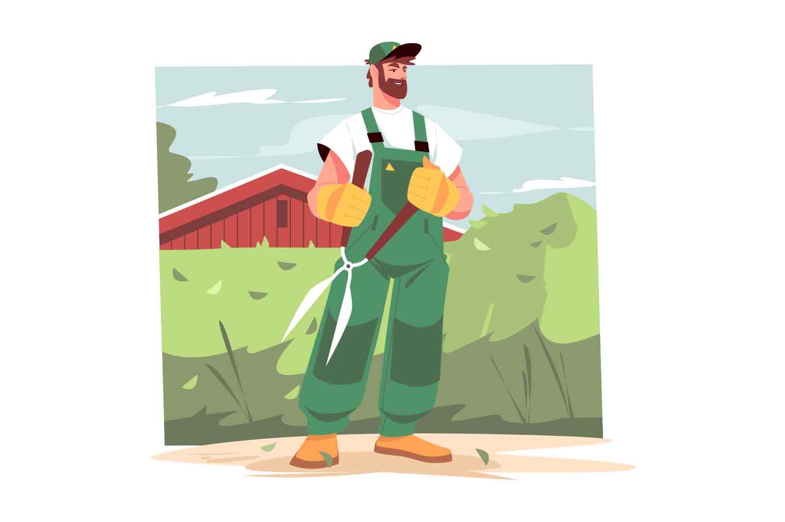 Man gardener in uniform holding big garden scissors vector illustration. Gardening and landscape design flat style concept
