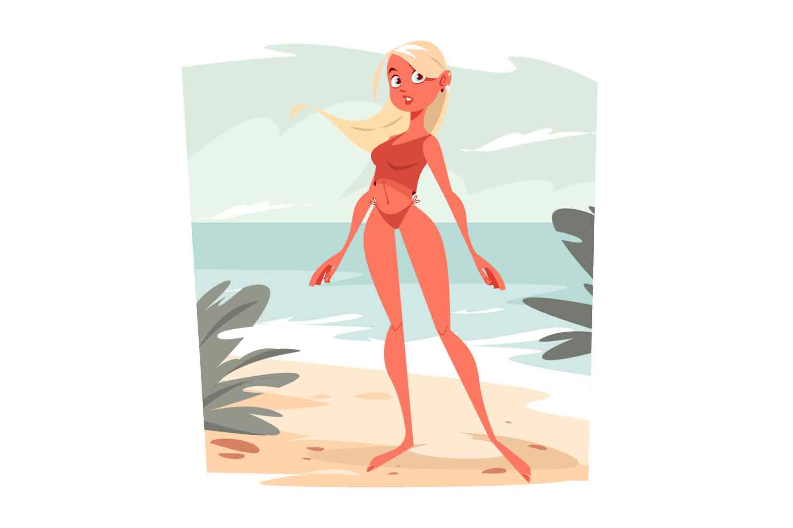 Blonde woman in red swimming suit on beach vector illustration. Summer time and beach holidays flat style concept