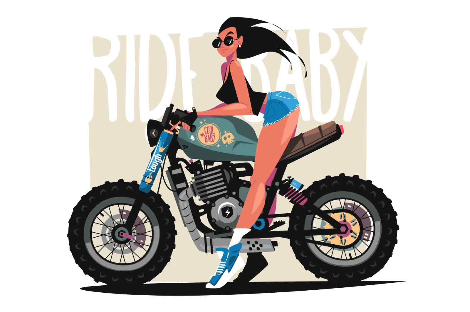 Beautiful biker girl riding motorbike vector illustration. Woman on motorcycle flat style concept. Extreme hobby idea