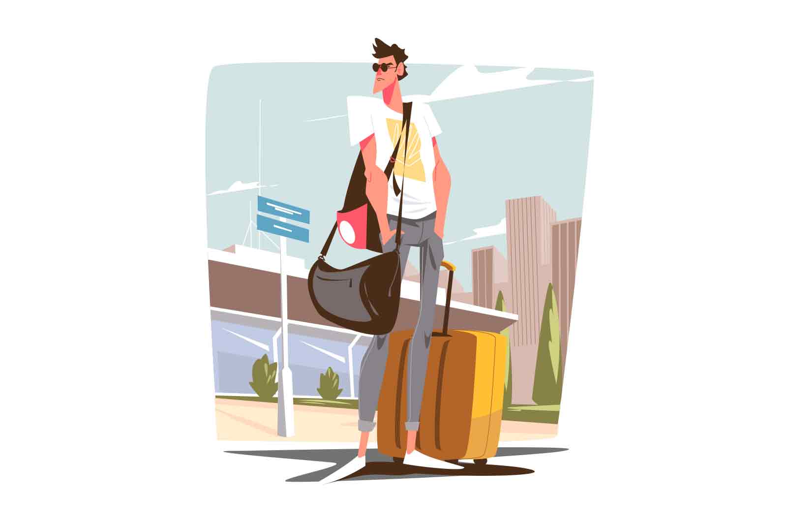 Guy tourist standing with suitcase and backpack near airport vector illustration. Man traveller with baggage on bus stop